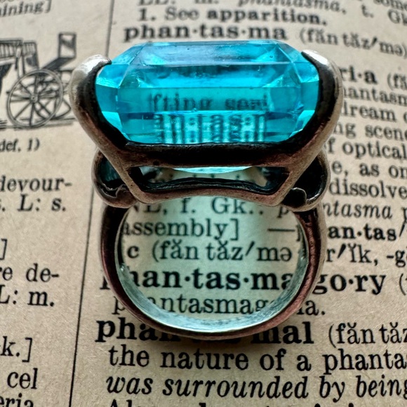 Large Vintage Aqua Stone Rectangular Faceted Crystal Sculpted Silver Setting 6 - Picture 2 of 14